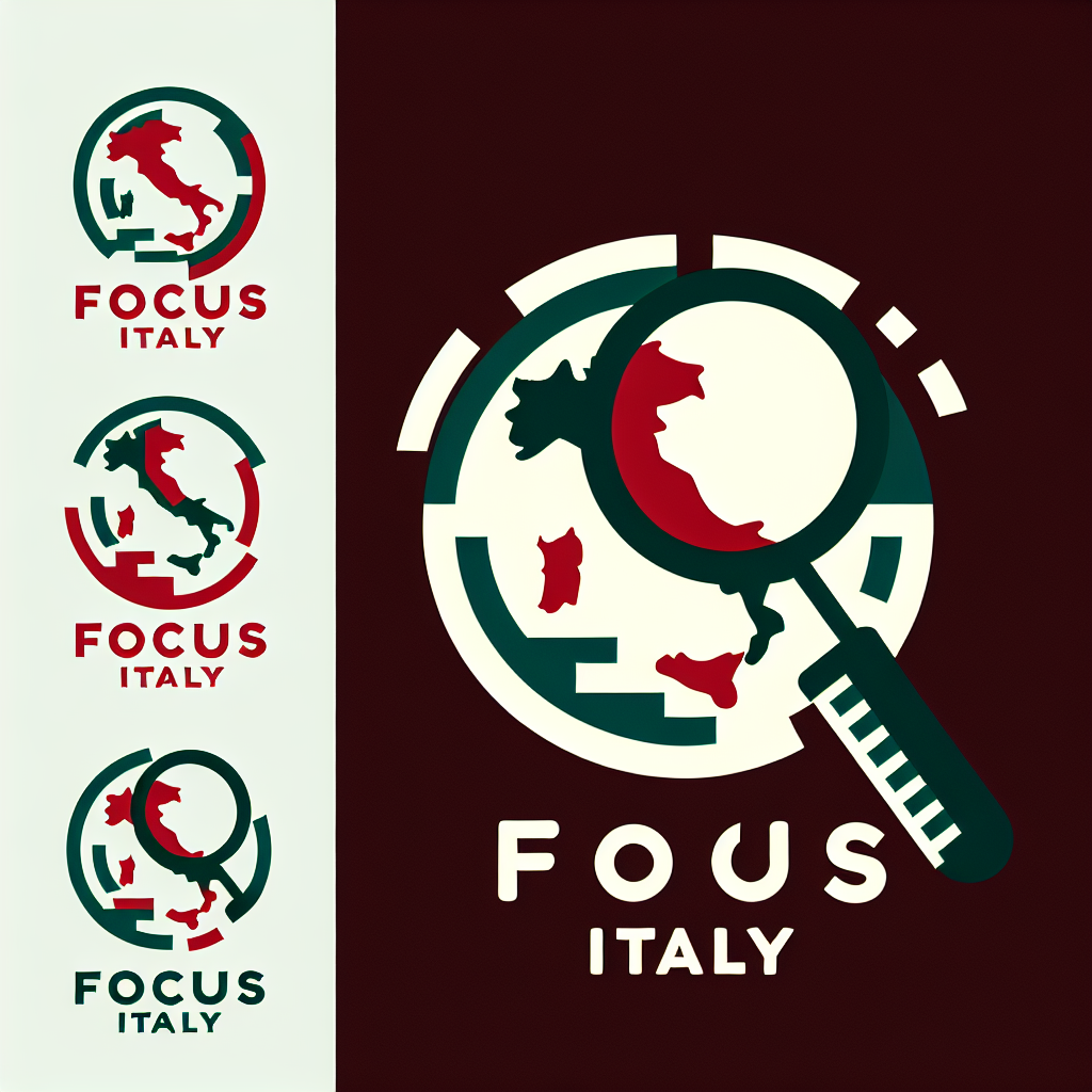 Crea un logo professionale e contemporaneo per “Focus Italy” con elementi grafici che rappresentino l’Italia moderna (come una lente d’ingrandimento stilizzata che forma una mappa o la bandiera italiana in chiave astratta). Colori consigliati: rosso scuro, verde salvia, bianco. Font chiaro e deciso.